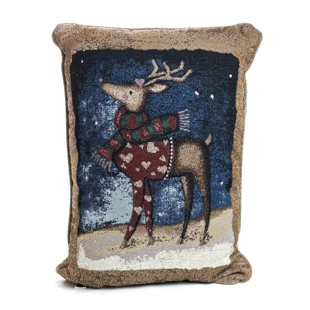 Fashion Square Reindeer Christmas Pillow 1990s Reindeer Wearing Scarf Vintage